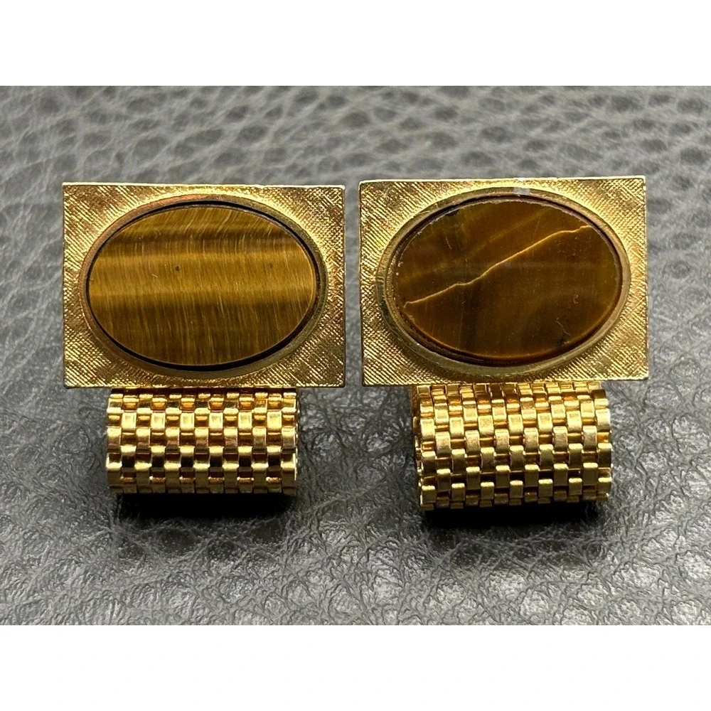 Vintage Tiger Eye Gold Tone Mesh Wrap Around Cufflinks